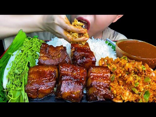 BRAISED PORK BELLY, SPICY SHRIMP PICKLED SALAD & SPICY FISH PASTE * MUKBANG SOUNDS *