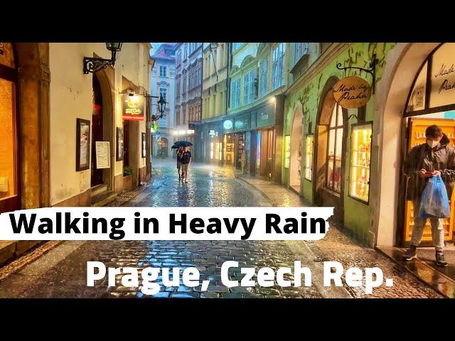 Walking in Heavy rain, Prague, Czech Republic - Rain Ambience 4K