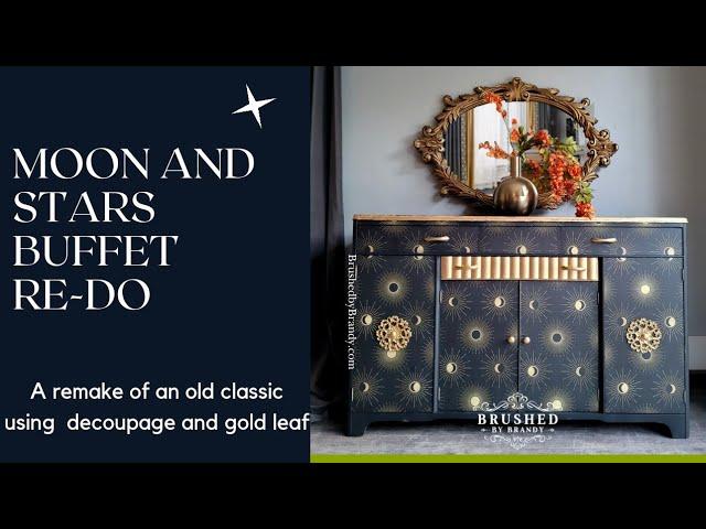 Moon and Stars buffet makeover using paint, decoupage & gold leaf!