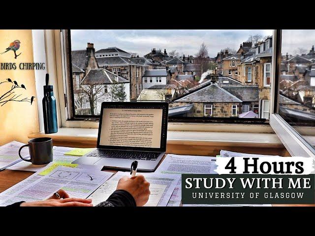 4 HOUR STUDY WITH ME | Background noise, Bird and Rain Sounds | 10-min break, No Music, Real-time