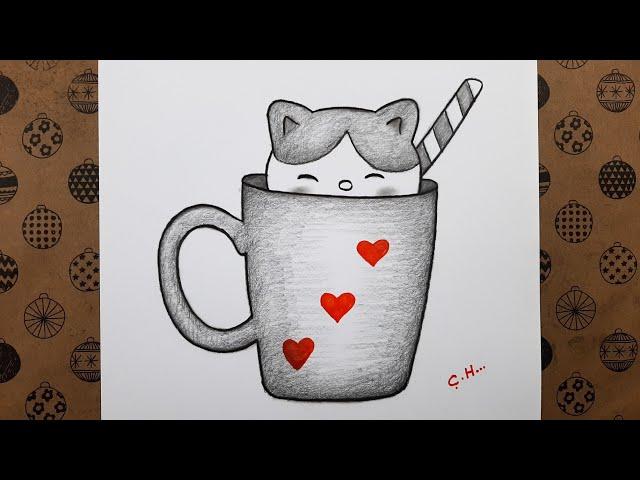 Pencil Drawing Easy Ideas, Cute Cat and Mug Drawing