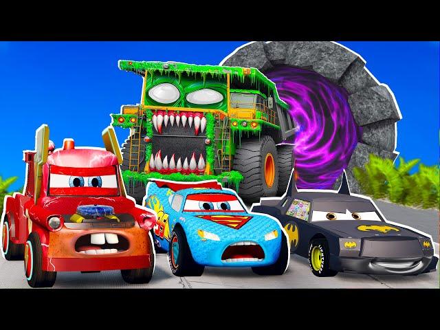 McQueen HERO, Mater FLASH, Chick Batman VS BELAZ Zombie truck, Apocalypse in BeamNG.drive