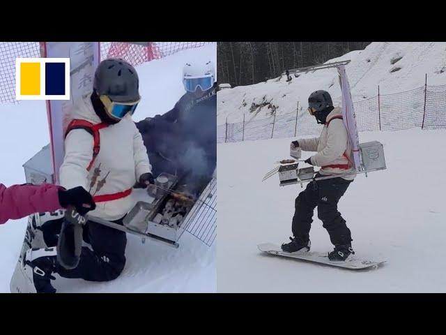 Snowboarder wearing grill sells meat skewers on Chinese mountain, ends up banned