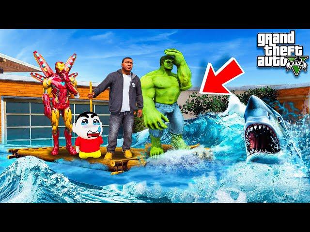 Shin Chan & Franklin Saves Iron Man House &All Avengers From Biggest Tsunami GTA 5 in Telugu| Part 2