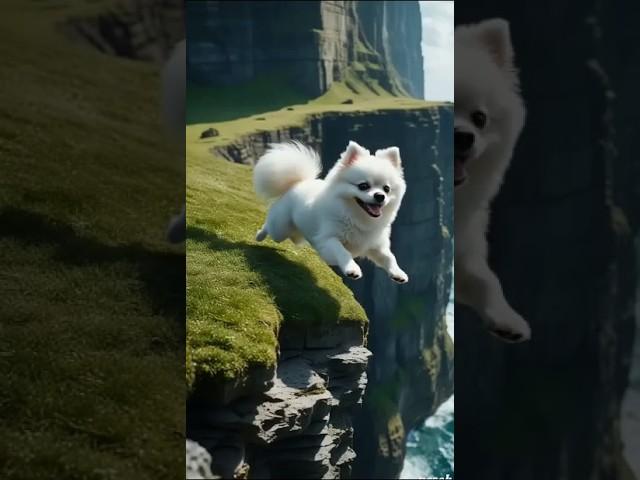 Brave White Pomeranian Makes Daring Cliff Jump and Lands Safely | Heroic Dog Moment