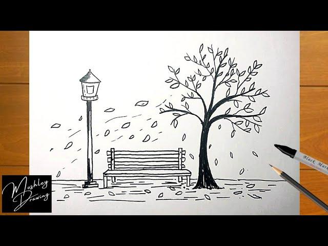 How to Draw Fall Scenery Easy - Autumn Scenery Drawing Ideas