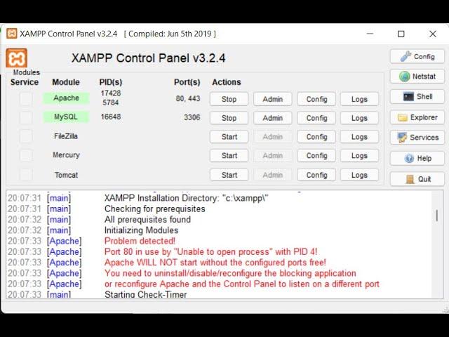 Port 80 in use with PID 4! Error Xampp con windows 10 y windows 11