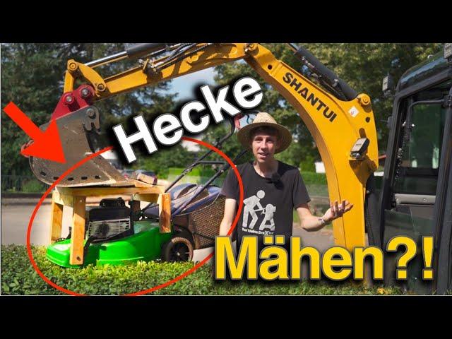 Hecke schneiden mit Rasenmäher am Bagger!! Genial oder Gefährlich?