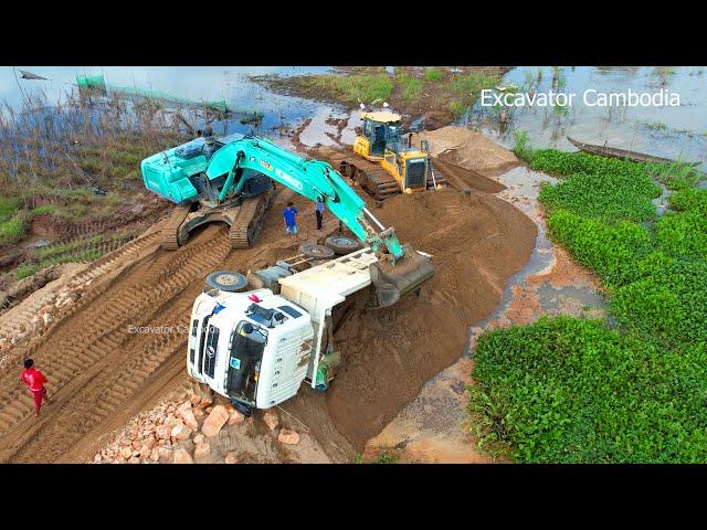 Dump Truck Drive Back Unloading Landslide Overturned - Recovery Dump Truck Stuck - Excavator Struck