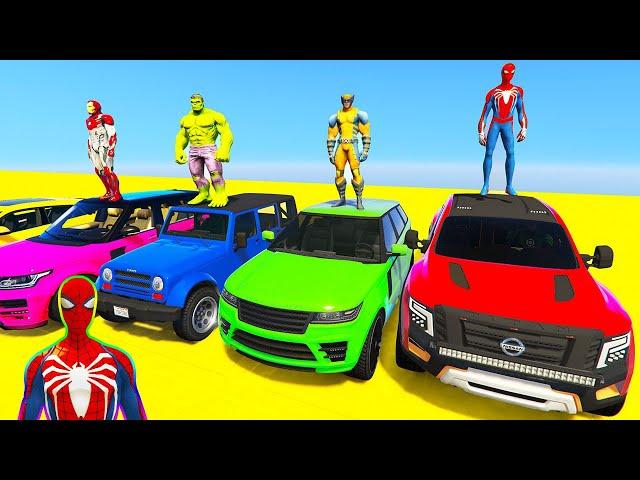 SPIDERMAN CARS Monster Trucks Mega PUZZLE Ramp Challenge ! SUPERHERO Hulk Epic NEW Stunts - GTA V