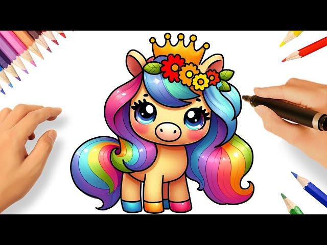 CÓMO DIBUJAR UN CABALLO ARCOÍRIS KAWAII FACIL 