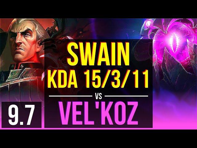 SWAIN vs VEL'KOZ (MID) | 4 early solo kills, KDA 15/3/11, Godlike | TR Grandmaster | v9.7