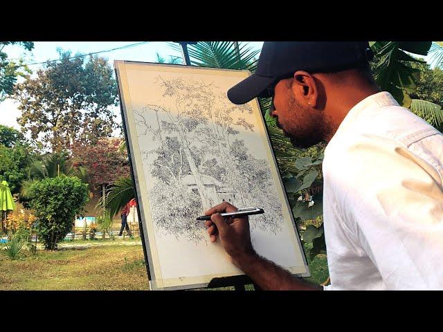 How To Draw Trees Landscape With Pen Sketch Tutorial | Draw Plein Air Sketching | Shahanoor Mamun