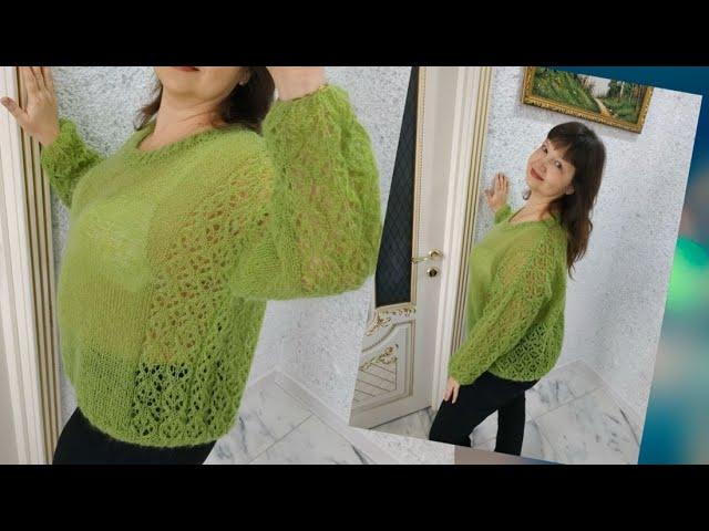 We knit a jumper from kid mohair with a floral openwork pattern