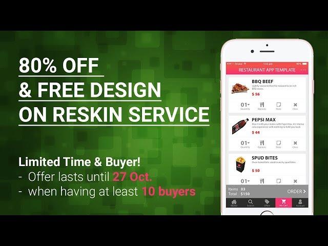 80% OFF and FREE design on our restaurant app source code & reskin service