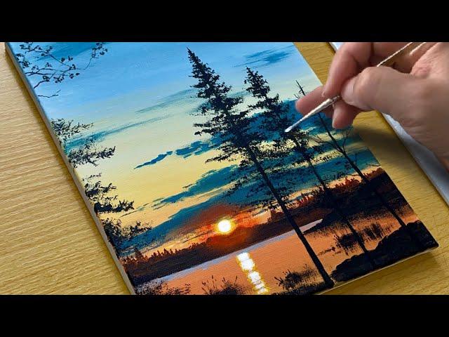 How to Draw a Sunset Lake / Acrylic Painting for Beginners