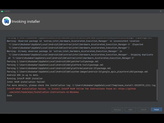 Running Intel® HAXM installer Intel HAXM installation failed! Solve Issue.