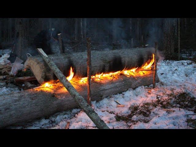 Ночевка в лесу в реальных условиях. Костер нодья. Вдали от людей.