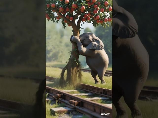 An apple tree on the train tracks bears many fruits #aistory #cartoon #monkey #train #trees