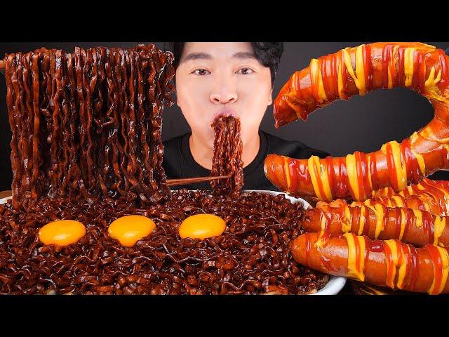 MUKBANG ASMR | BLACK BEAN NOODLES KIELBASA SAUSAGE EGGS EATING SOUNDS 먹방