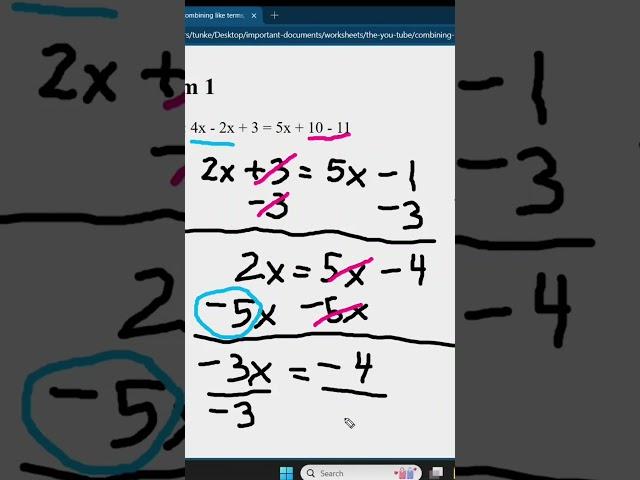 Combining Like Terms to Solve For X #maths #math #mathematics #education #algebra #equations