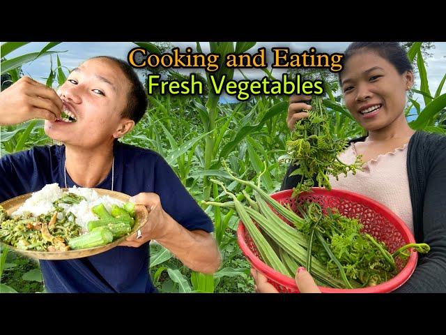 Collecting Cooking and Eating Green Vegetables || FiddleHead Fern Cooking and Eating || Village Life