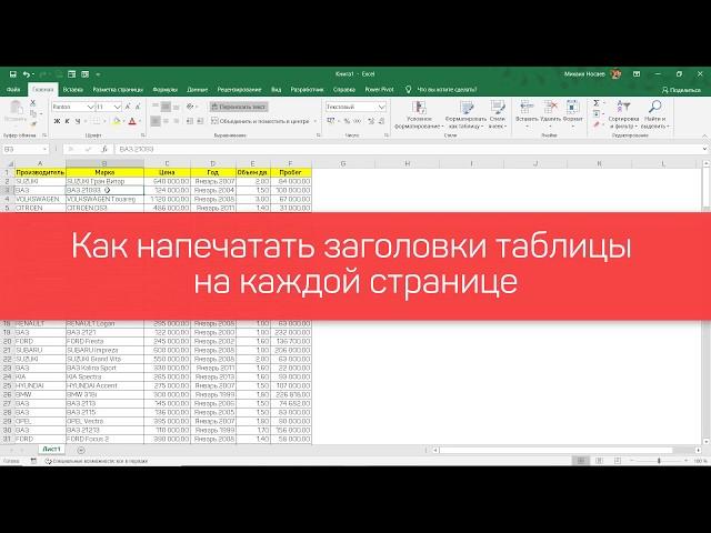 Как напечатать заголовки таблицы Excel на каждой странице