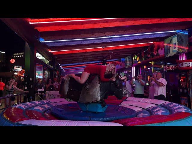 WATCH THIS!  Pretty Girl EPIC FAIL on a Mechanical Bull in Benidorm! Spain 4K 2024