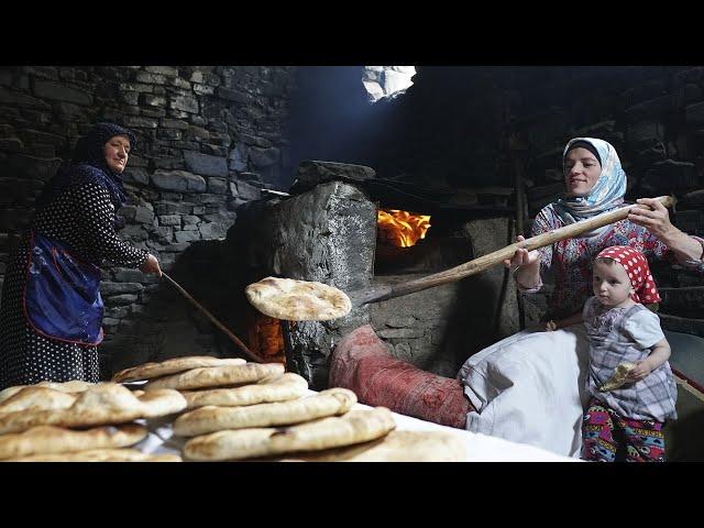 Baking Bread in old stove in DAGESTAN Old Village in Mountains. Life in Russia