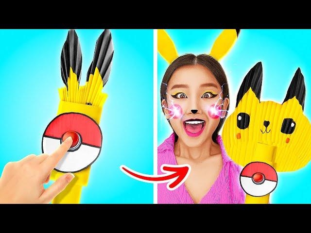 EASY PIKACHU ORIGAMI FAN || Rich VS Broke *How to make FREE DYI Fidgets by 123 GO! CHALLENGE