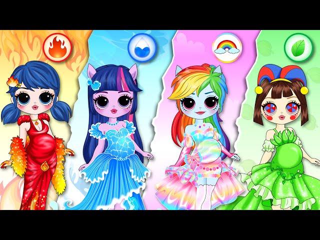 Four Elements Are Pregnant! Fire, Water, Air and Earth Girl | Ladybug, Twilight Sparkle & Pomni