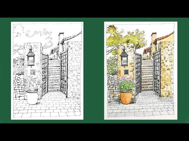 [Pen + Watercolor] Main Door - Urban Sketch (pen drawing & color mixing) by YU