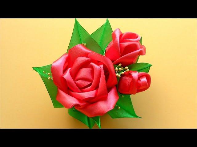 Как сделать Красивые Розы из лент / Kanzashi Satin Ribbon Rose Tutorial /  NataliDoma