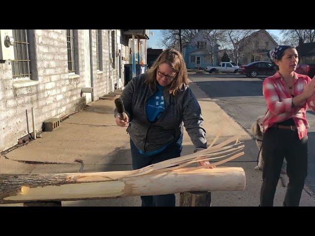 Martha Bird pounding Black Ash in preparation for making a basket with teacher April Stone (Ojibwe)