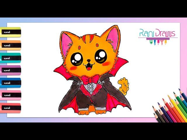 Cómo dibujar un GATO VAMPIRO kawaii - dibujos fáciles Paso a paso