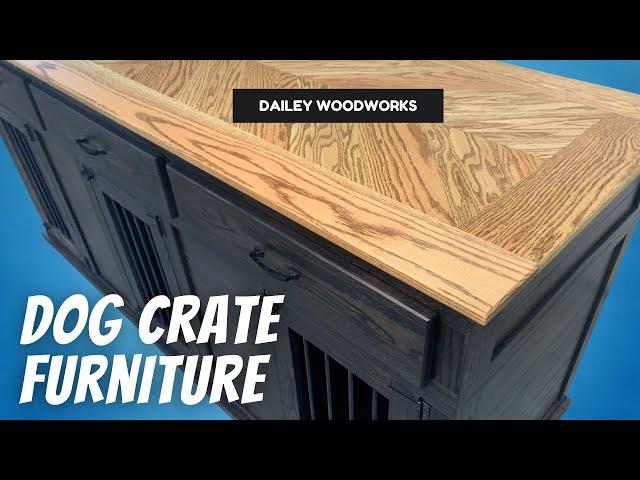 Custom Oak Dog Crate Furniture built for Dallas, Texas Client - Triple Dog Kennel with Chevron Top