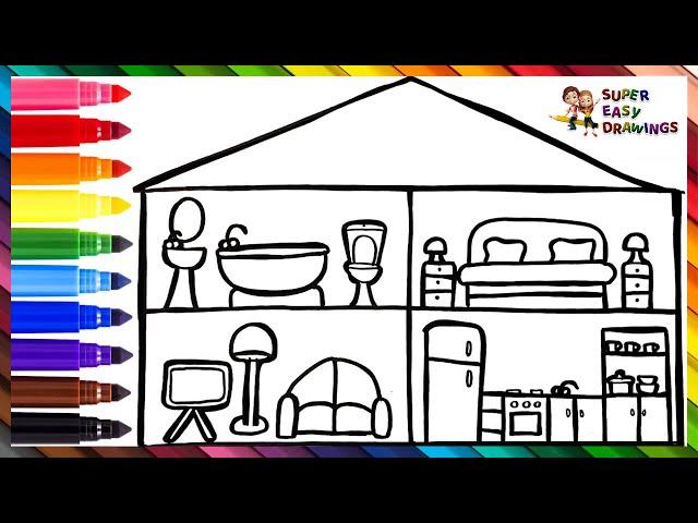 How To Draw A House  Drawing And Coloring A House With Rooms ️️ Drawings For Kids