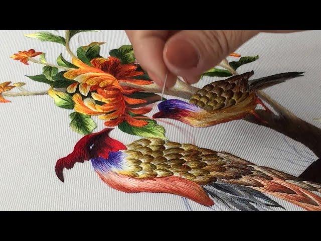 Hand Embroidery Art: Couple Peacocks and Chrysanthemum Flowers