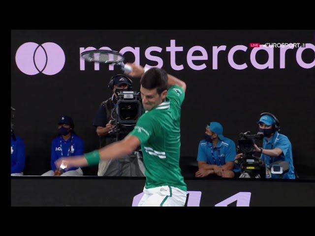 Novak Djokovic smashes the racket against Zverev