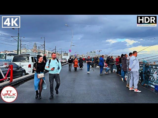 Walking Tour Around Galata Bridge, Istanbul | Rainy Day | 4K HDR