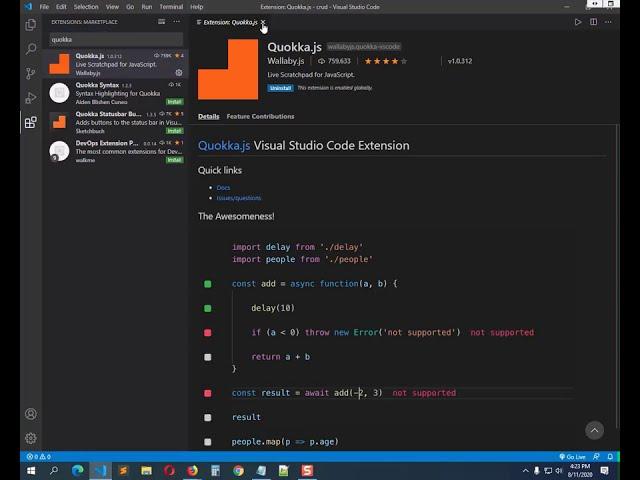 Run javascript code into terminal of visual studio code