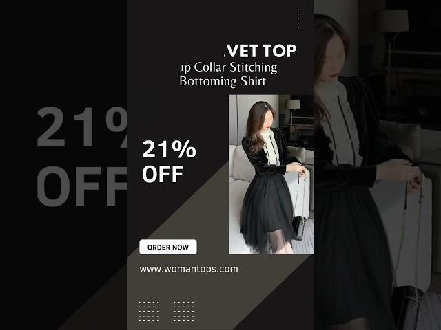 Gold Velvet Top Stand up Collar Stitching Velvet Bottoming Shirt With Wood Ear