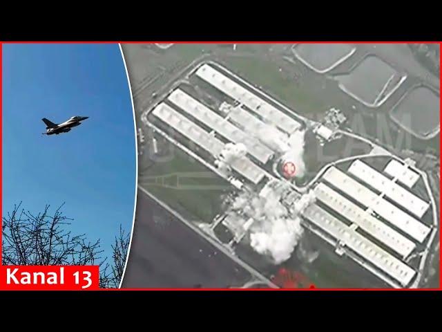 F-16 fighter jet hit with US aerial bombs hangars where invaders gathered in Russian territory