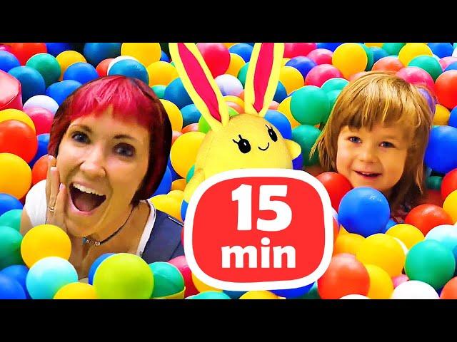 Kids play with dolls & Mommy for Lucky! Toy slide & ball pit. Family fun video.