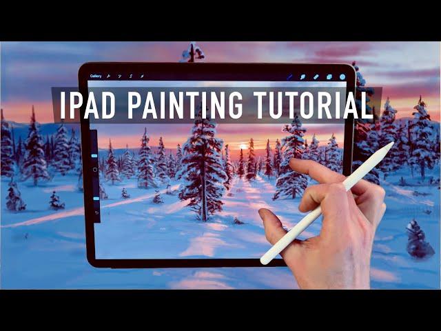 IPAD PAINTING TUTORIAL - Snow Forest Sunset Landscape in Procreate