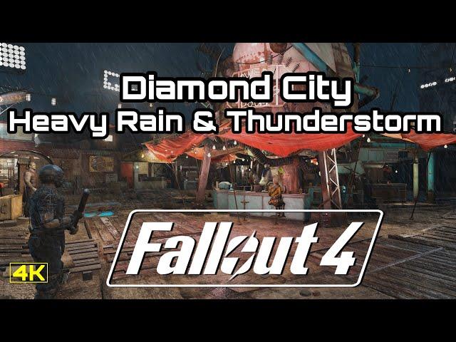 Fallout 4 - Heavy Rain & Thunderstorm Sounds - Diamond City Sleep Ambience - Deep Sleep Relaxation.