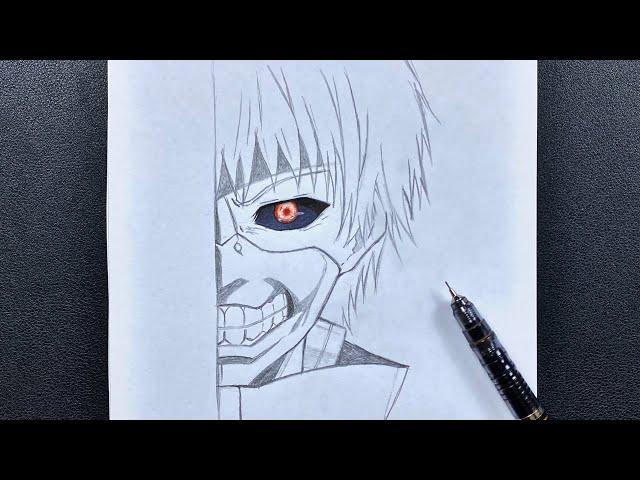 Anime sketch | how to draw Kaneki Ken half face step-by-step