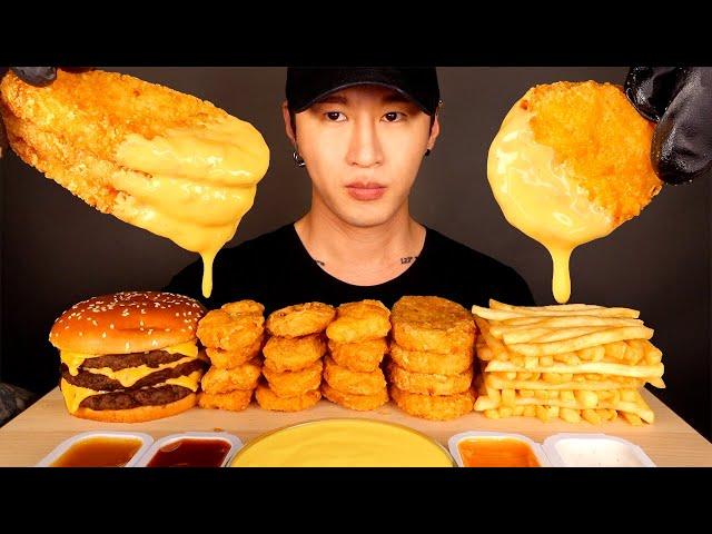 ASMR MUKBANG CHEESY HASH BROWNS & CHICKEN NUGGETS & TRIPLE CHEESEBURGER (No Talking) EATING SOUNDS