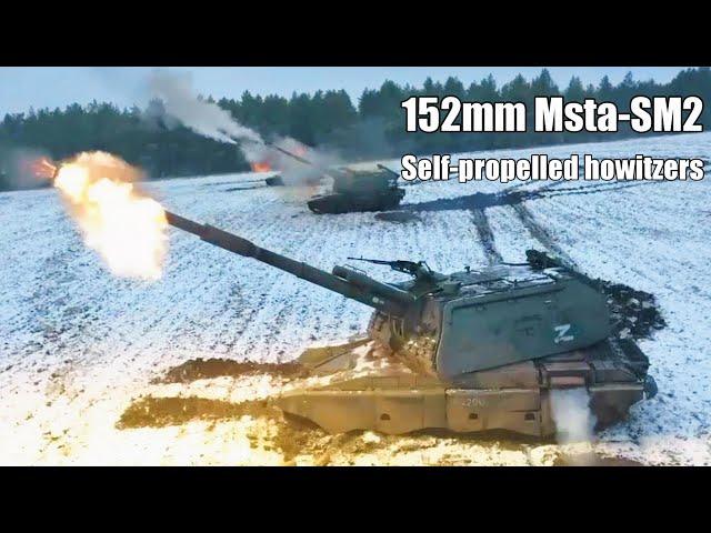 Russian Msta- 2S19M2 self-propelled artillery firing in Ukraine