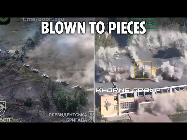 Ukrainian kamikaze drone swarm obliterates entire column of Russian armour